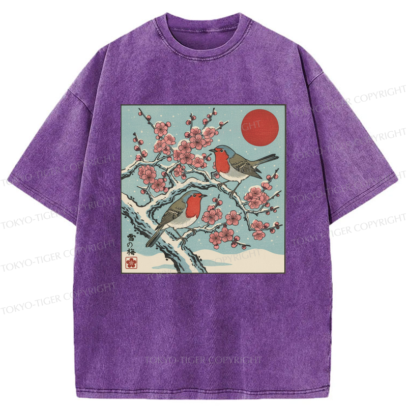 Tokyo-Tiger Winter Blossoms And Feathered Melodies Washed T-Shirt