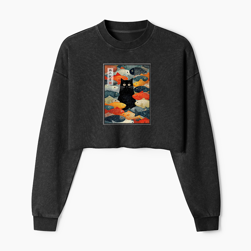 Tokyo-Tiger The Cat's Feast of Fish Washed Crop Sweatshirt