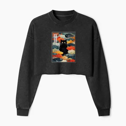 Tokyo-Tiger The Cat's Feast of Fish Washed Crop Sweatshirt