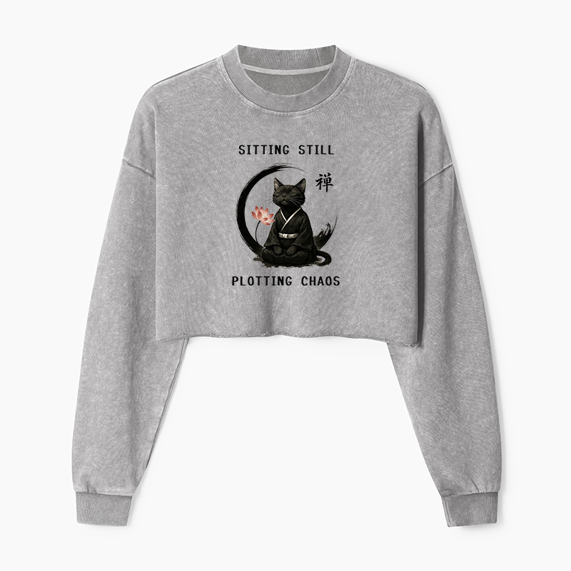 Tokyo-Tiger Sitting still  plotting chaos Calming Zen Cat Funny Washed Crop Sweatshirt