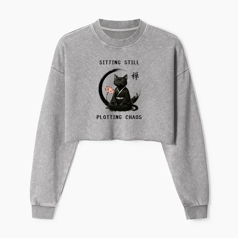 Tokyo-Tiger Sitting still  plotting chaos Calming Zen Cat Funny Washed Crop Sweatshirt