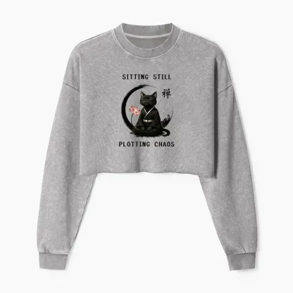 Tokyo-Tiger Sitting still  plotting chaos Calming Zen Cat Funny Washed Crop Sweatshirt