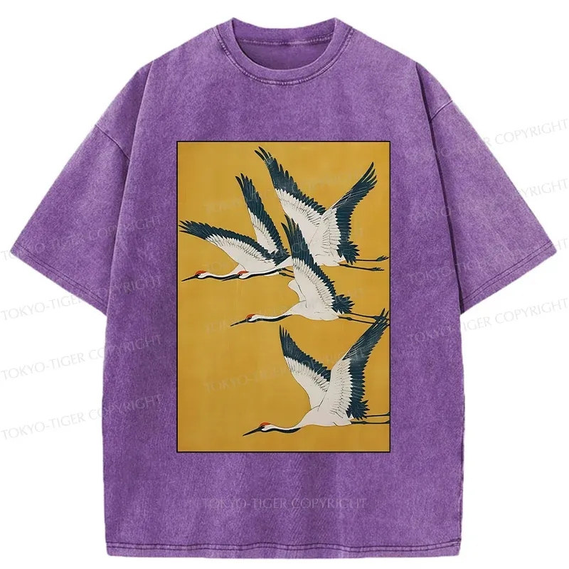 Tokyo-Tiger Vintage Cranes Painting Washed T-Shirt