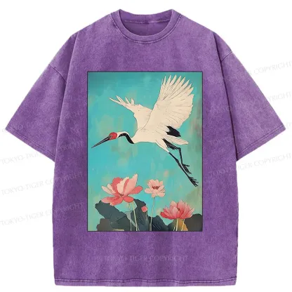 Tokyo-Tiger Crane And Lotus Japan Washed T-Shirt