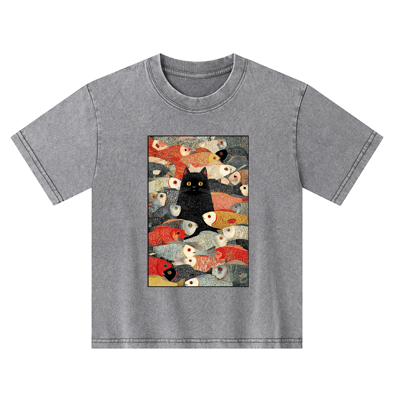 Tokyo-Tiger Cats And Fish Kids Washed T-Shirt