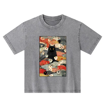 Tokyo-Tiger Cats And Fish Kids Washed T-Shirt