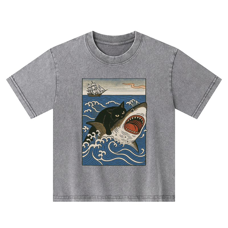 Tokyo-Tiger Cat Hunting Shark Kids Washed T-Shirt