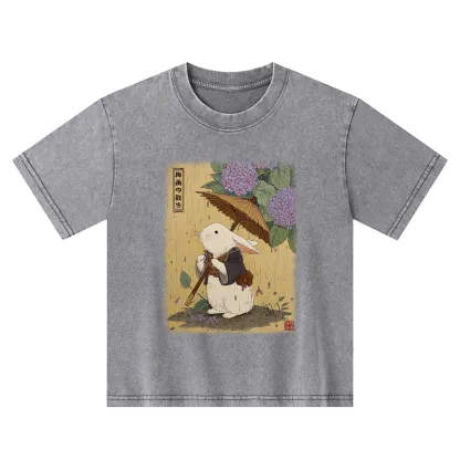 Tokyo-Tiger Ukiyoe Rainy Stroll Bunny Kids Washed T-Shirt