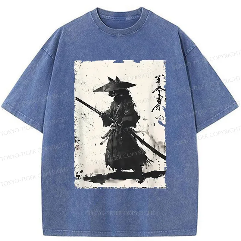 Tokyo-Tiger Handsome Cat Japanese Samurai Washed T-Shirt Sale