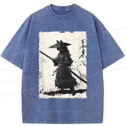 Tokyo-Tiger Handsome Cat Japanese Samurai Washed T-Shirt