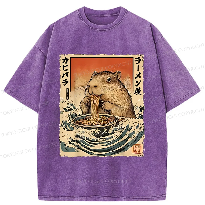 Tokyo-Tiger Hamster Eating Ramen Washed T-Shirt