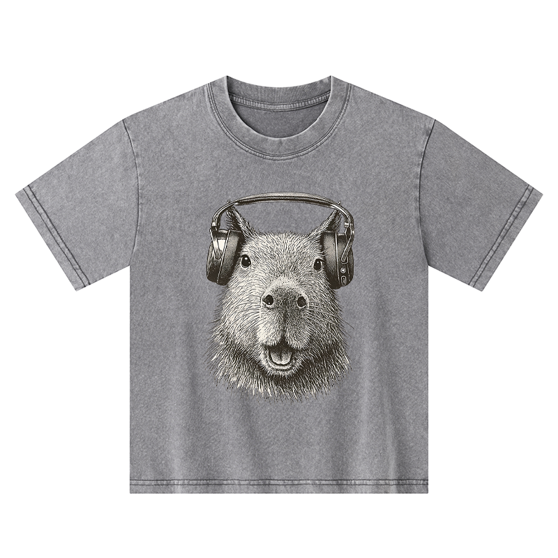 Tokyo-Tiger Capybara Listening To Music Kids Washed T-Shirt