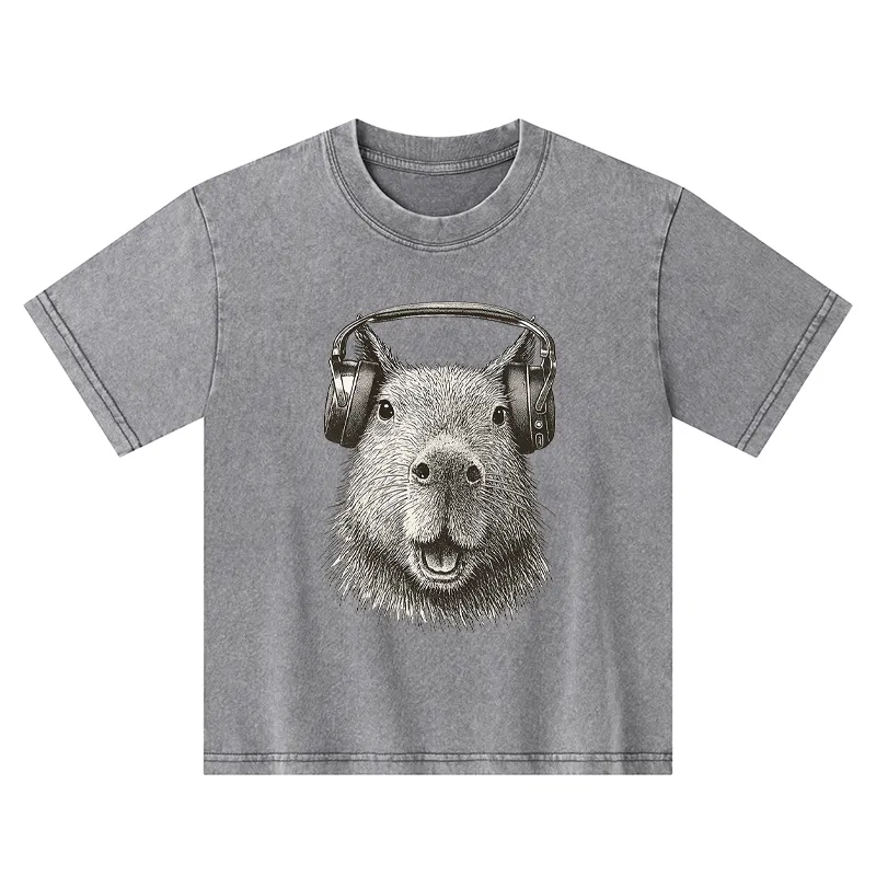 Tokyo-Tiger Capybara Listening To Music Kids Washed T-Shirt
