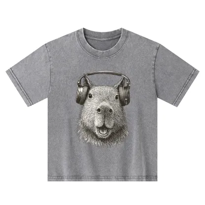 Tokyo-Tiger Capybara Listening To Music Kids Washed T-Shirt