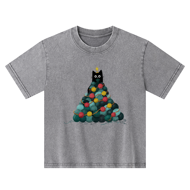 Tokyo-Tiger Yarn Christmas Tree Cat Kids Washed T-Shirt