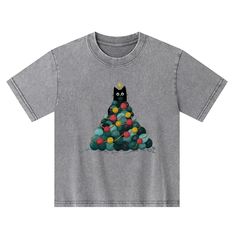 Tokyo-Tiger Yarn Christmas Tree Cat Kids Washed T-Shirt