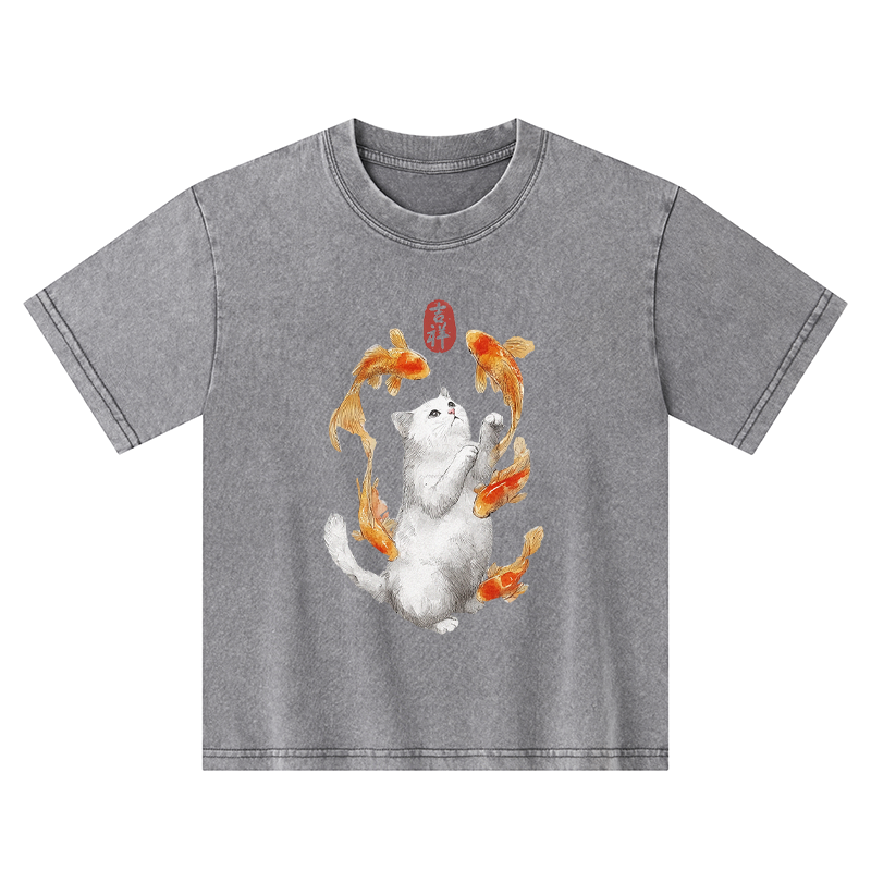 Tokyo-Tiger Zen Cat And The Dancing Fish Kids Washed T-Shirt