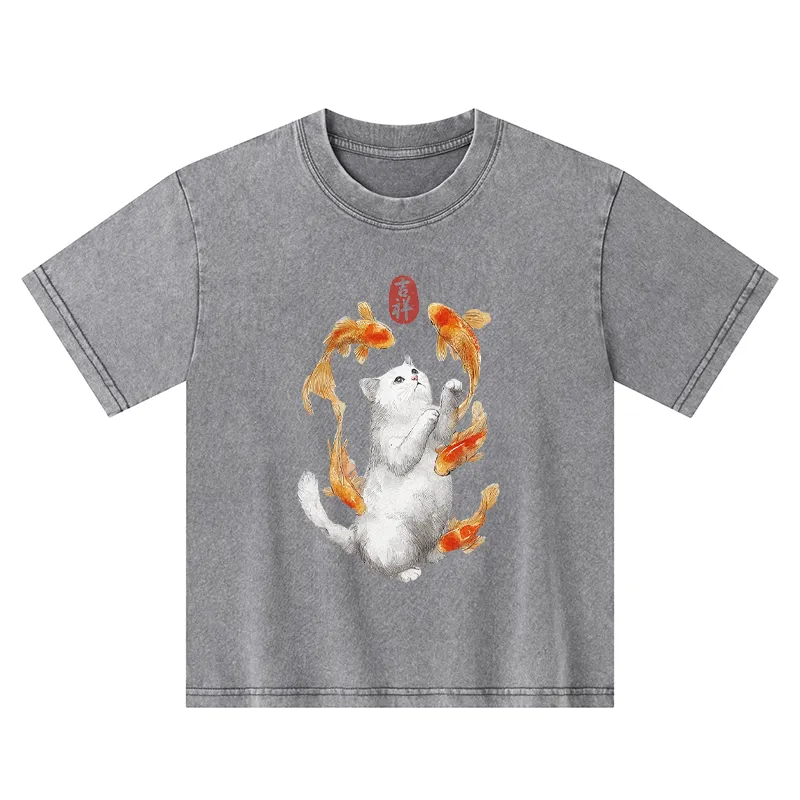 Tokyo-Tiger Zen Cat And The Dancing Fish Kids Washed T-Shirt