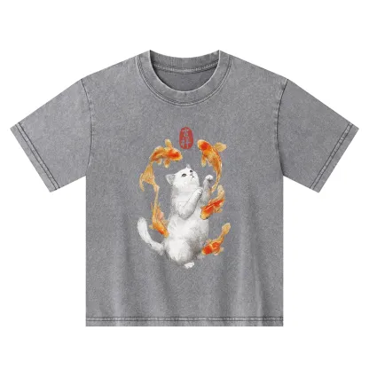 Tokyo-Tiger Zen Cat And The Dancing Fish Kids Washed T-Shirt
