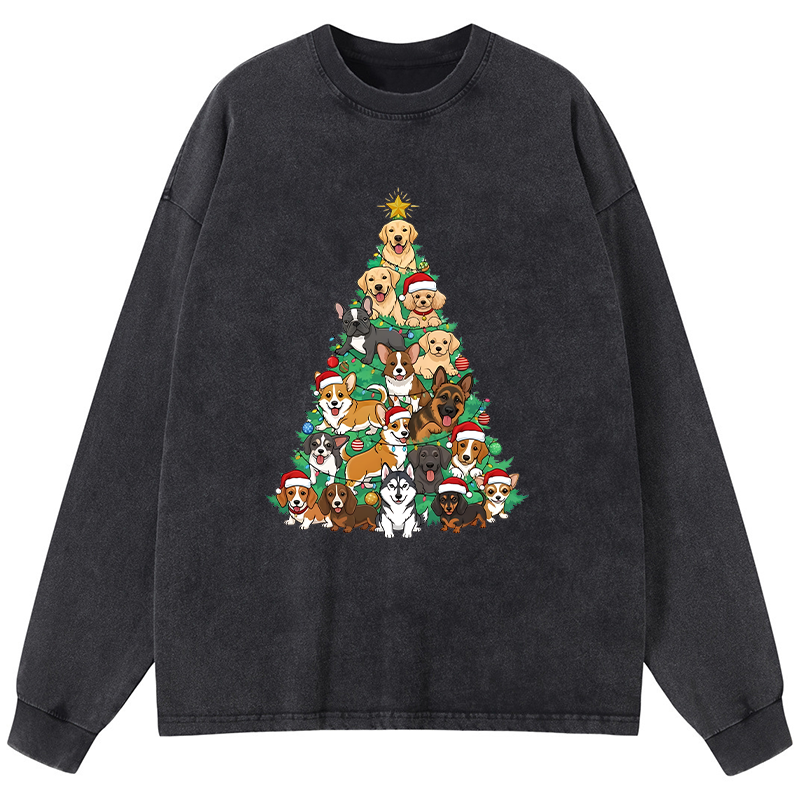 Tokyo-Tiger Christmas Tree Dog Funny Washed Long Sleeve T-Shirt