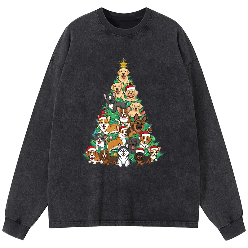 Tokyo-Tiger Christmas Tree Dog Funny Washed Long Sleeve T-Shirt