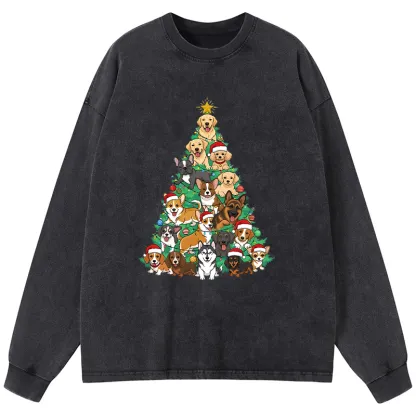 Tokyo-Tiger Christmas Tree Dog Funny Washed Long Sleeve T-Shirt