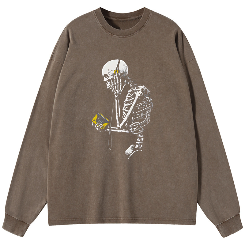 Tokyo-Tiger Skeleton Listening To Music Washed Long Sleeve T-Shirt