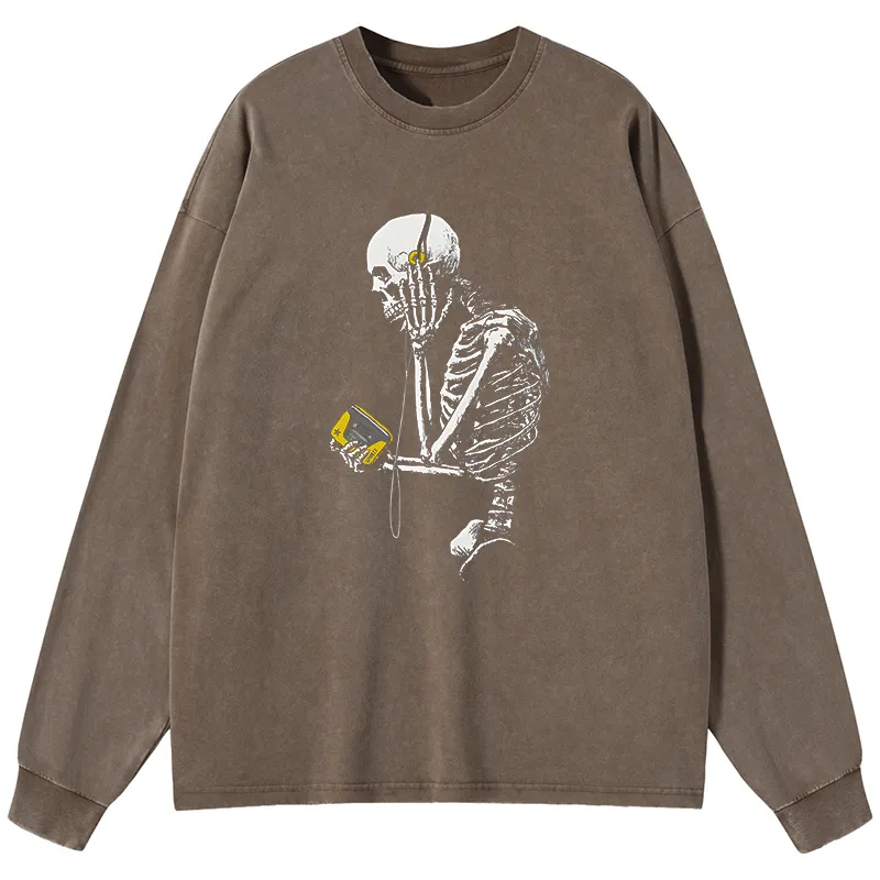 Tokyo-Tiger Skeleton Listening To Music Washed Long Sleeve T-Shirt