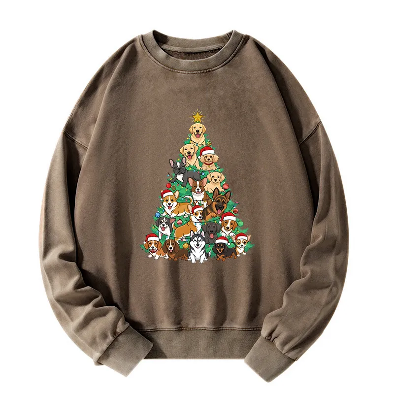 Tokyo-Tiger Christmas Tree Dog Funny Washed Sweatshirt