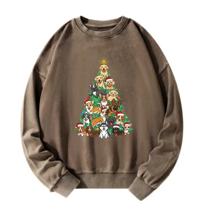 Tokyo-Tiger Christmas Tree Dog Funny Washed Sweatshirt