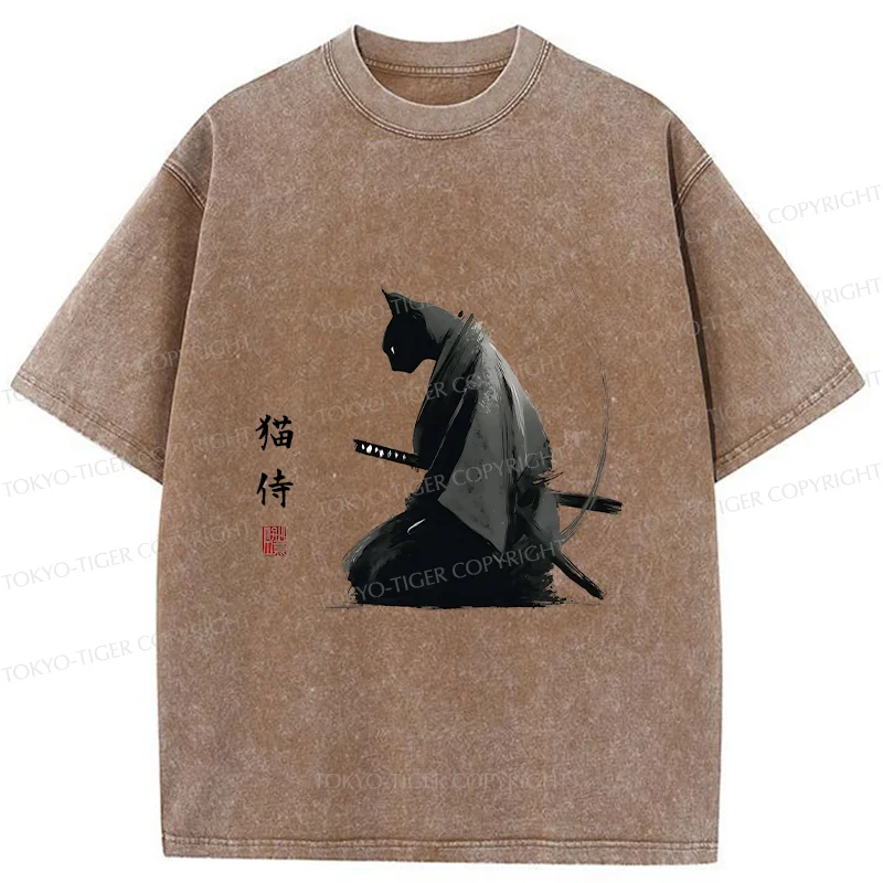 Tokyo-Tiger Kneeling Cat Samurai Washed T-Shirt