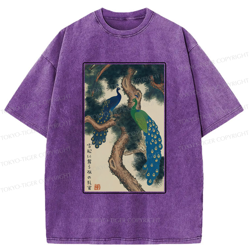 Tokyo-Tiger Peacocks in Snowy Pines Washed T-Shirt