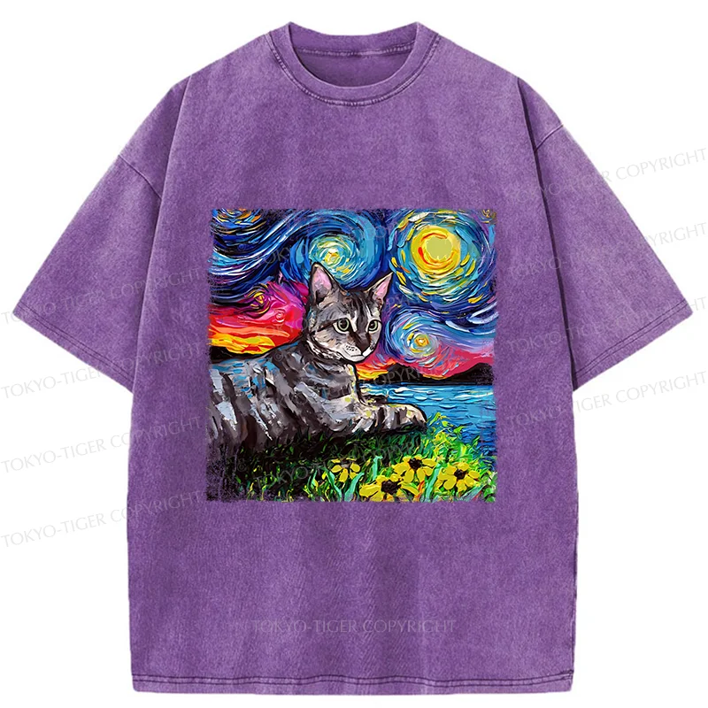 Tokyo-Tiger Cat Under The Starry Night Funny Washed T-Shirt