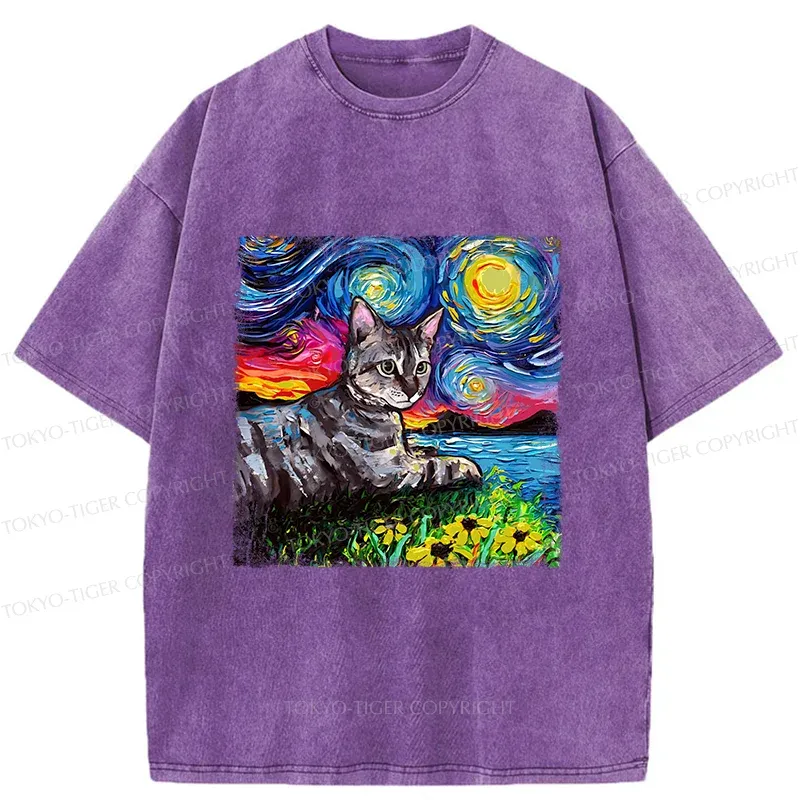Tokyo-Tiger Cat Under The Starry Night Funny Washed T-Shirt