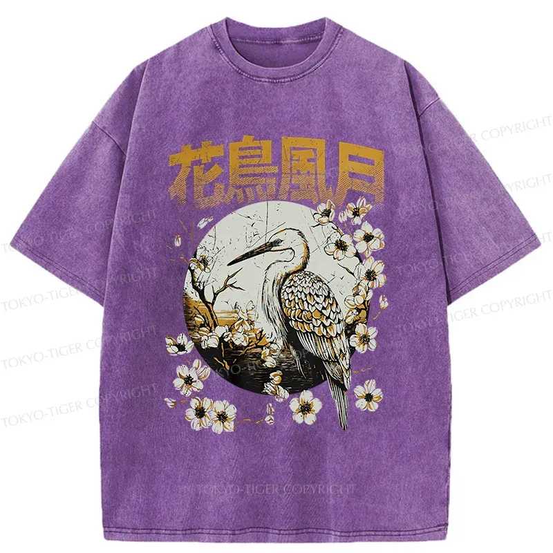 Tokyo-Tiger Flowers Birds Wind And Moon Washed T-Shirt