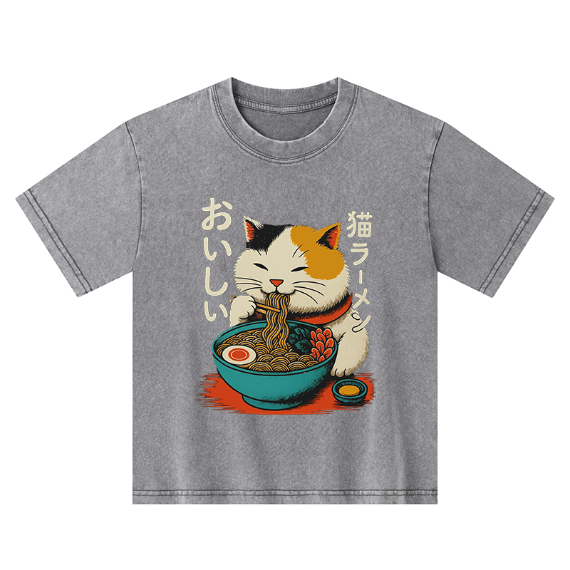 Tokyo-Tiger Cute Eat Eating Japanese Ramen Kids Washed T-Shirt
