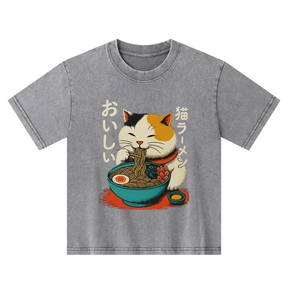 Tokyo-Tiger Cute Eat Eating Japanese Ramen Kids Washed T-Shirt