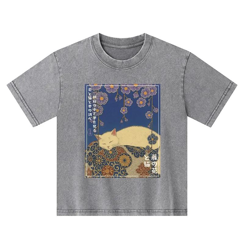 Tokyo-Tiger Ukiyoe Wisteria Flowers And Cats Kids Washed T-Shirt