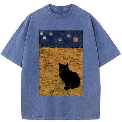 Tokyo-Tiger Cat In The Field Under Starry Sky Washed T-Shirt