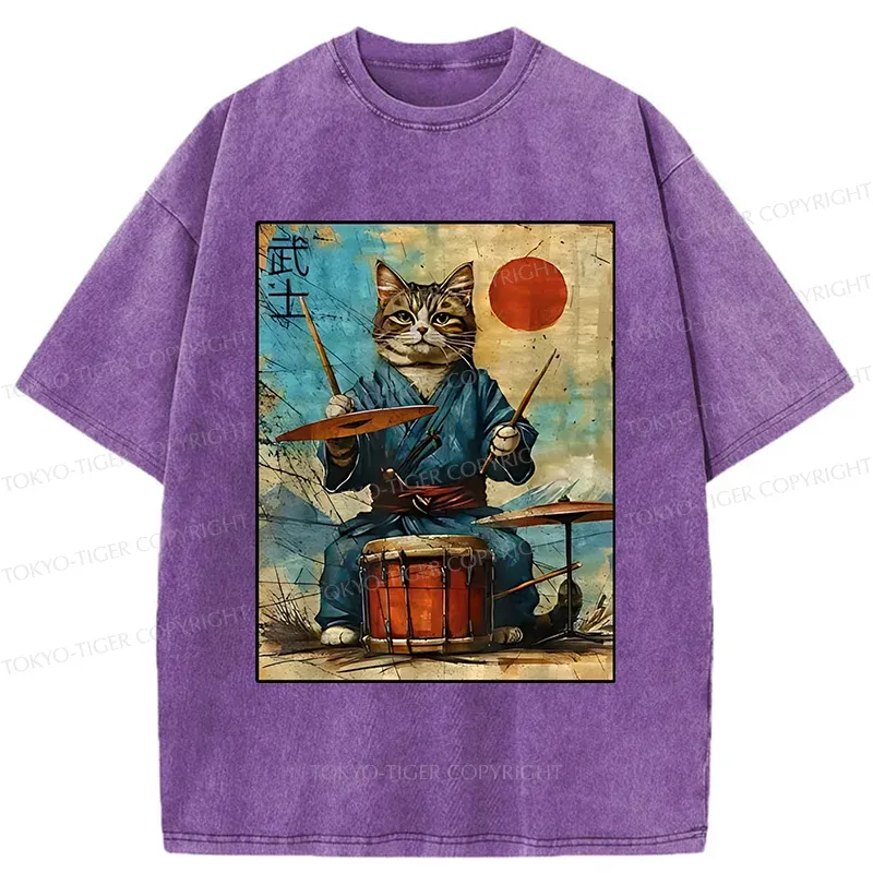 Tokyo-Tiger Cat Playing Drums Washed T-Shirt