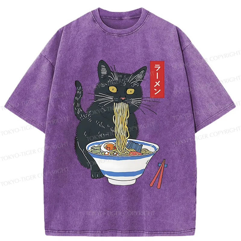 Tokyo-Tiger Black Cat Eats Delicious Ramen Washed T-Shirt
