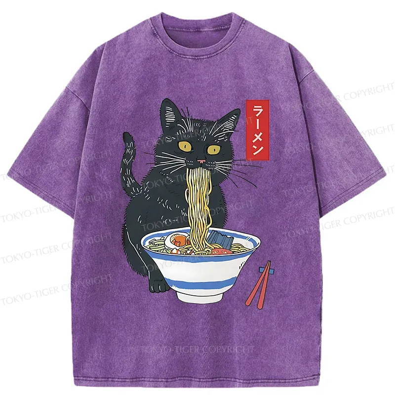 Tokyo-Tiger Black Cat Eats Delicious Ramen Washed T-Shirt