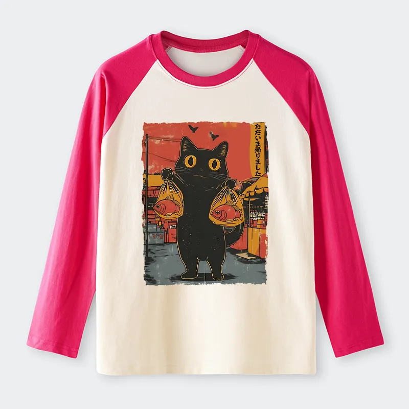 Tokyo-Tiger Cat Fishing Japanese Raglan Long Sleeve T-shirt