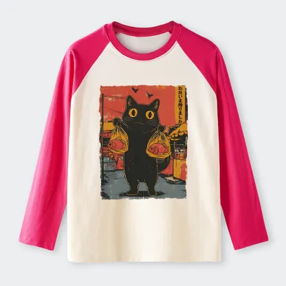 Tokyo-Tiger Cat Fishing Japanese Raglan Long Sleeve T-shirt