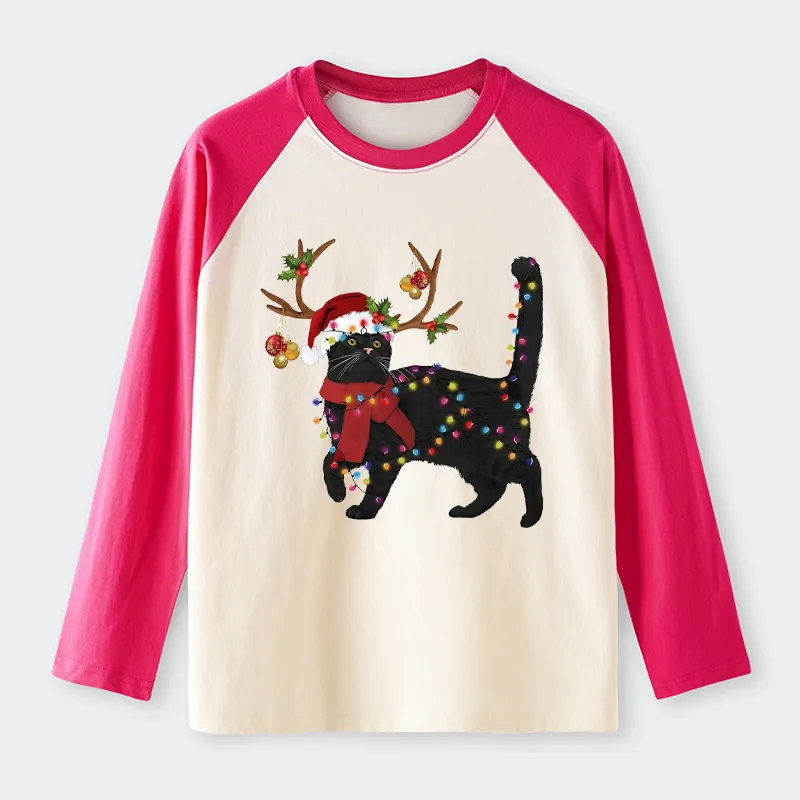 Tokyo-Tiger Christmas Black Cat Raglan Long Sleeve T-shirt