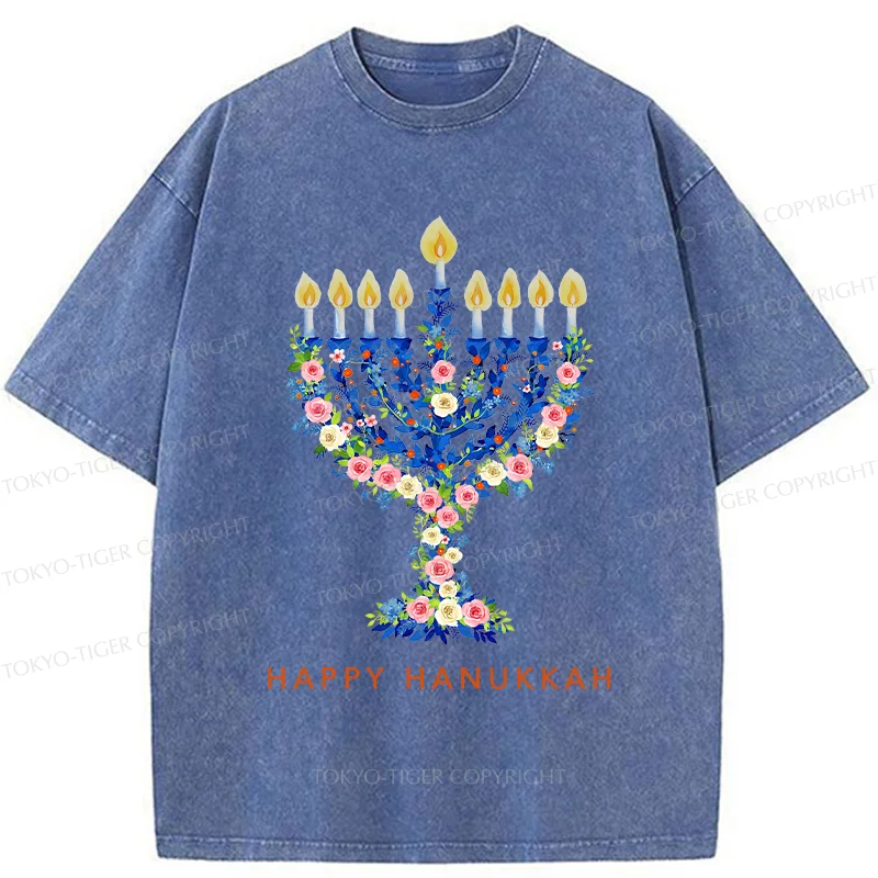 Tokyo-Tiger Hanukkah Candles Washed T-Shirt
