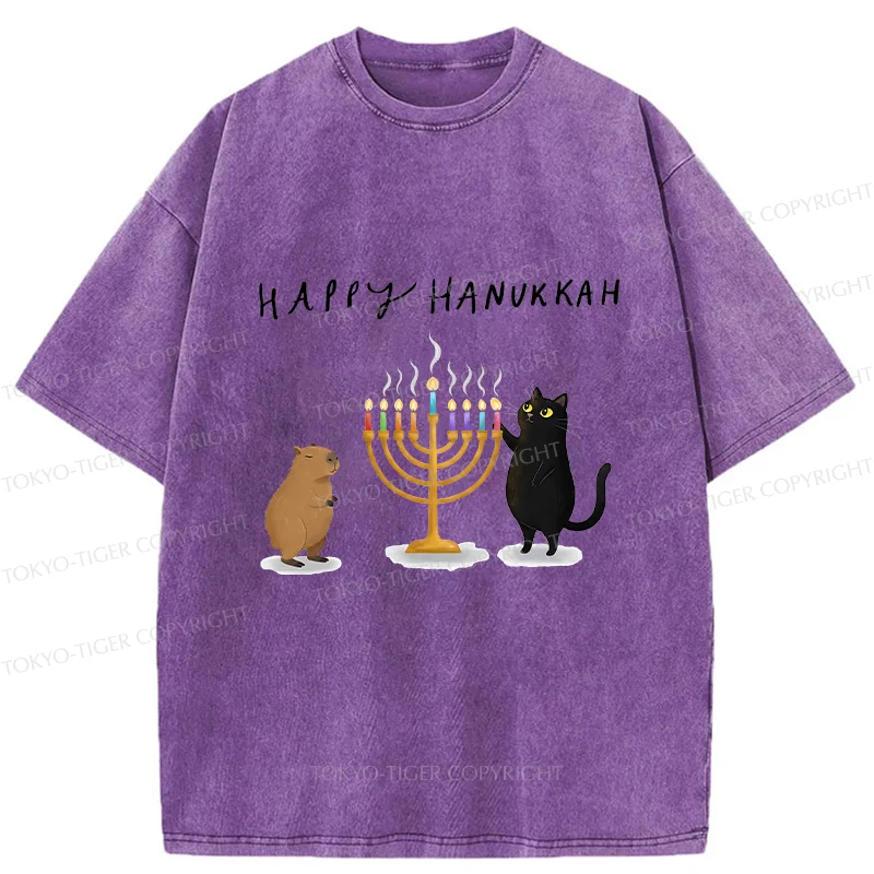 Tokyo-Tiger Cats Light Hanukkah Candles Washed T-Shirt