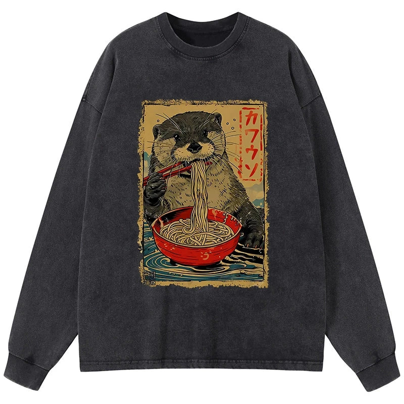 Tokyo-Tiger Otter Eating Ramen Japan Washed Long Sleeve T-Shirt