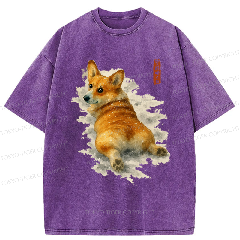 Tokyo-Tiger Corgi in the Snow Washed T-Shirt