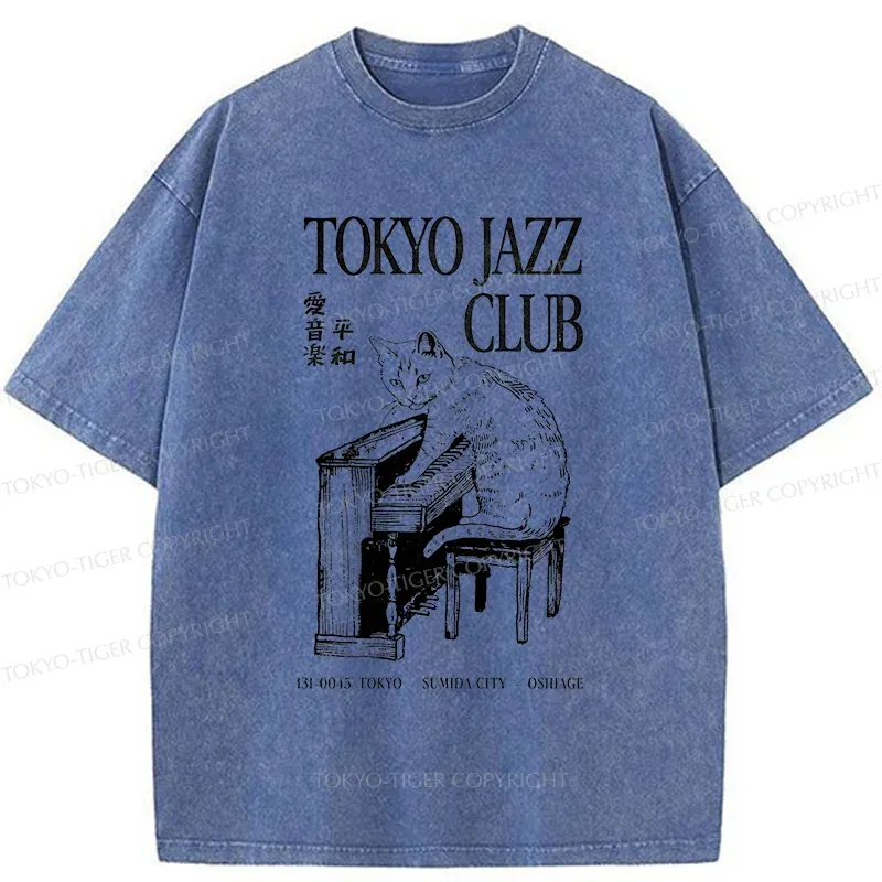 Tokyo-Tiger Cat Playing The Piano Washed T-Shirt